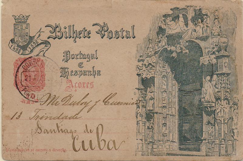 0442 f.jpg -     Lote:    442 (frente)                   Descrição:         1898 &mdash; 4.º Centenário do Descobrimento do Caminho Marítimo para a Índia. Emissão para os Açores. OM20G, 10 reis rosa carmim. Circulado de Ponta Delgada (21.04,00) para Santiago de Cuba (21.05,00) com trânsito em Lisboa (25.04,00). Circulou com insuficiência de porte sem ter sido penalizado. Repicado no verso por M. A. OLIVEIRA. Raro destino.        IC       Valor Base:     &euro; 40,00     Valor Venda:     &euro;      
